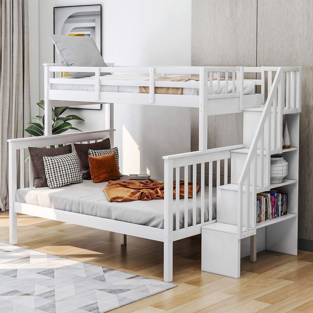 Twin Size White Loft Bed with Desk and Staircase Storage I4222