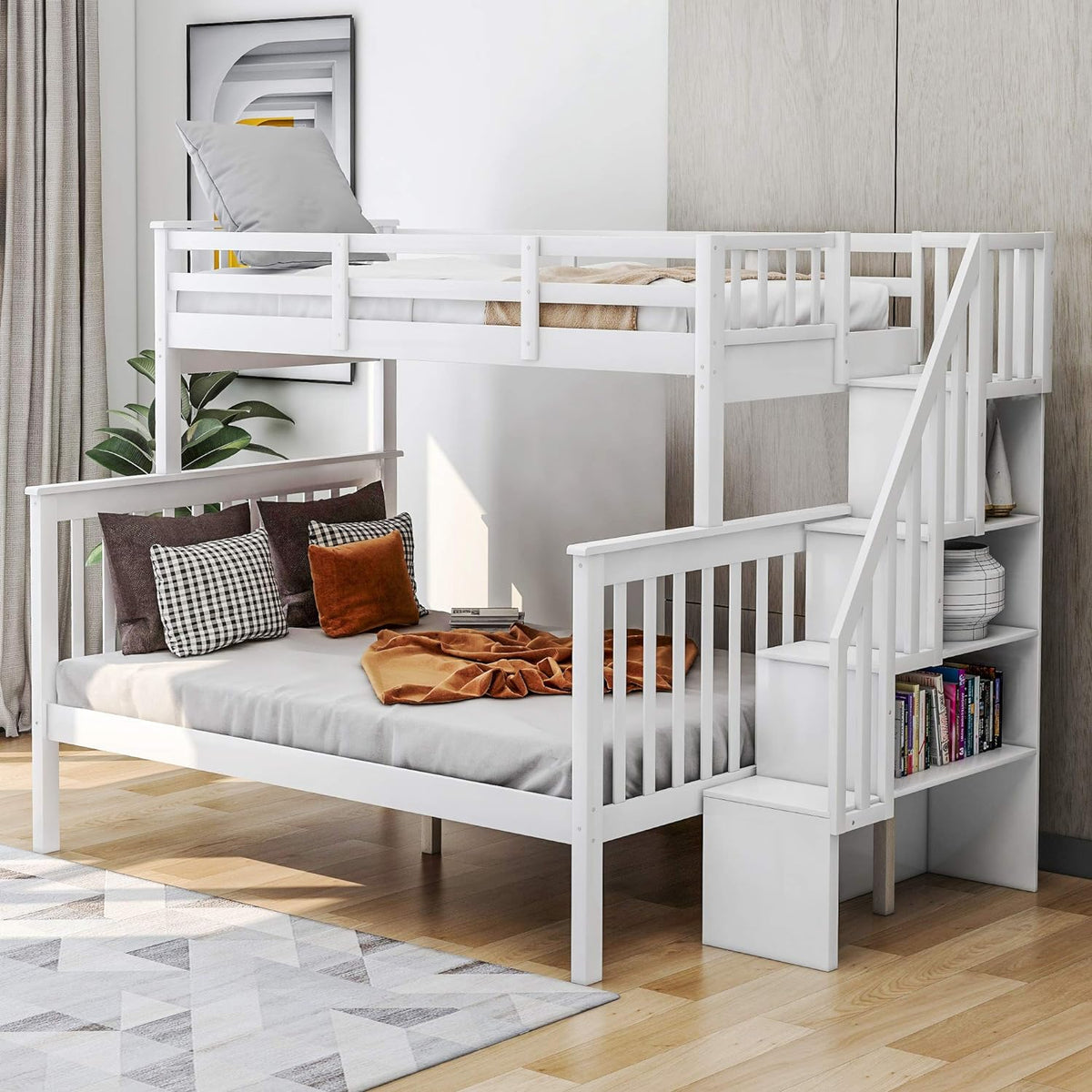 Twin Size White Loft Bed with Desk and Staircase Storage I4222
