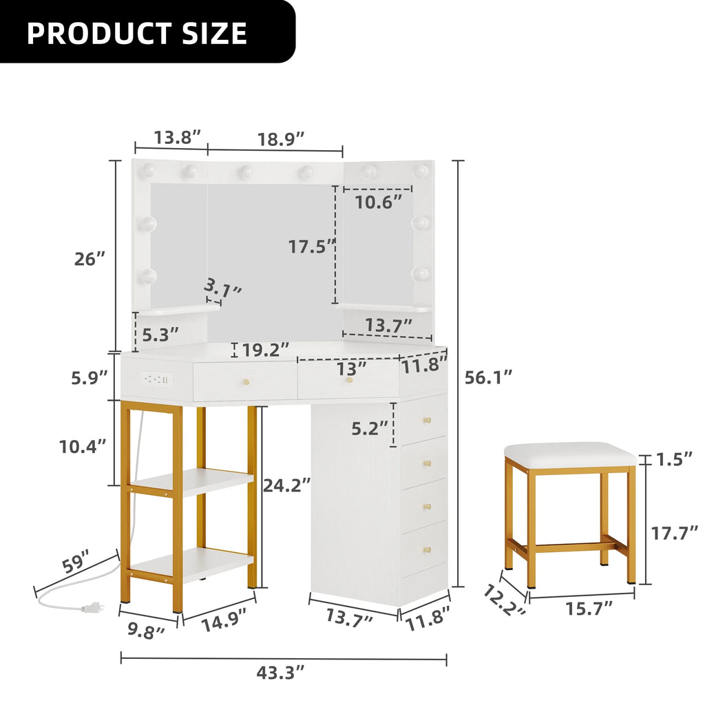 White Corner Vanity Desk with Lights & Mirror O201551