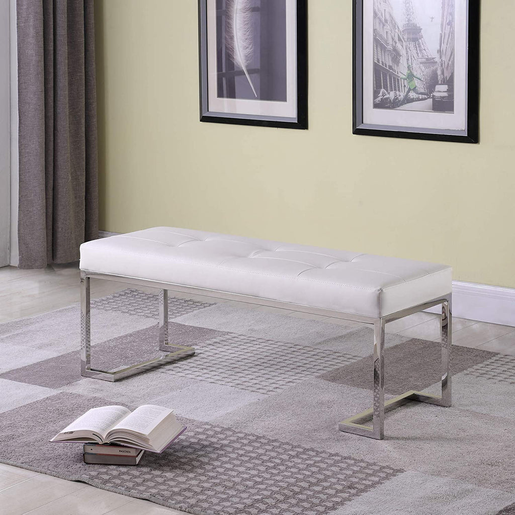 White Rectangle Tufted Faux Leather Bench S123175