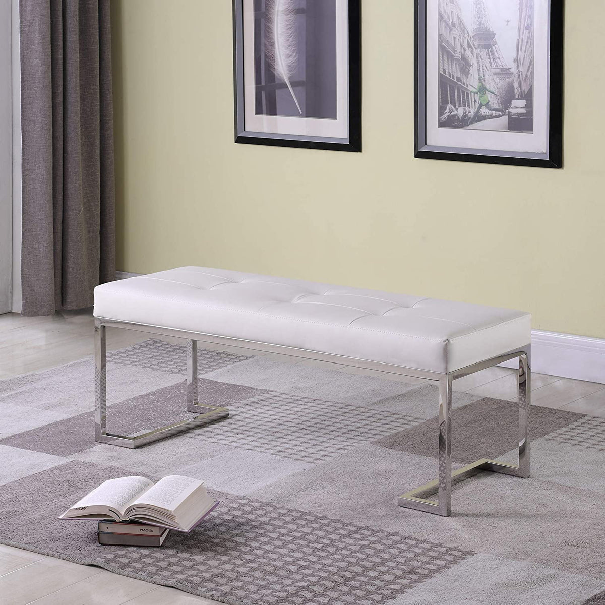 White Rectangle Tufted Faux Leather Bench S123175