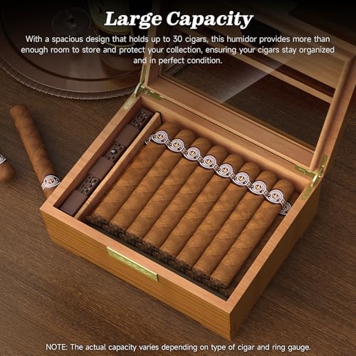 Cedar Wood Desktop Humidor Box with Digital Hygrometer and Glass Top L11359