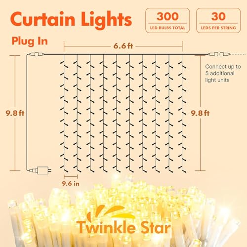300 LED Curtain String Lights 8 Modes Warm White L32854