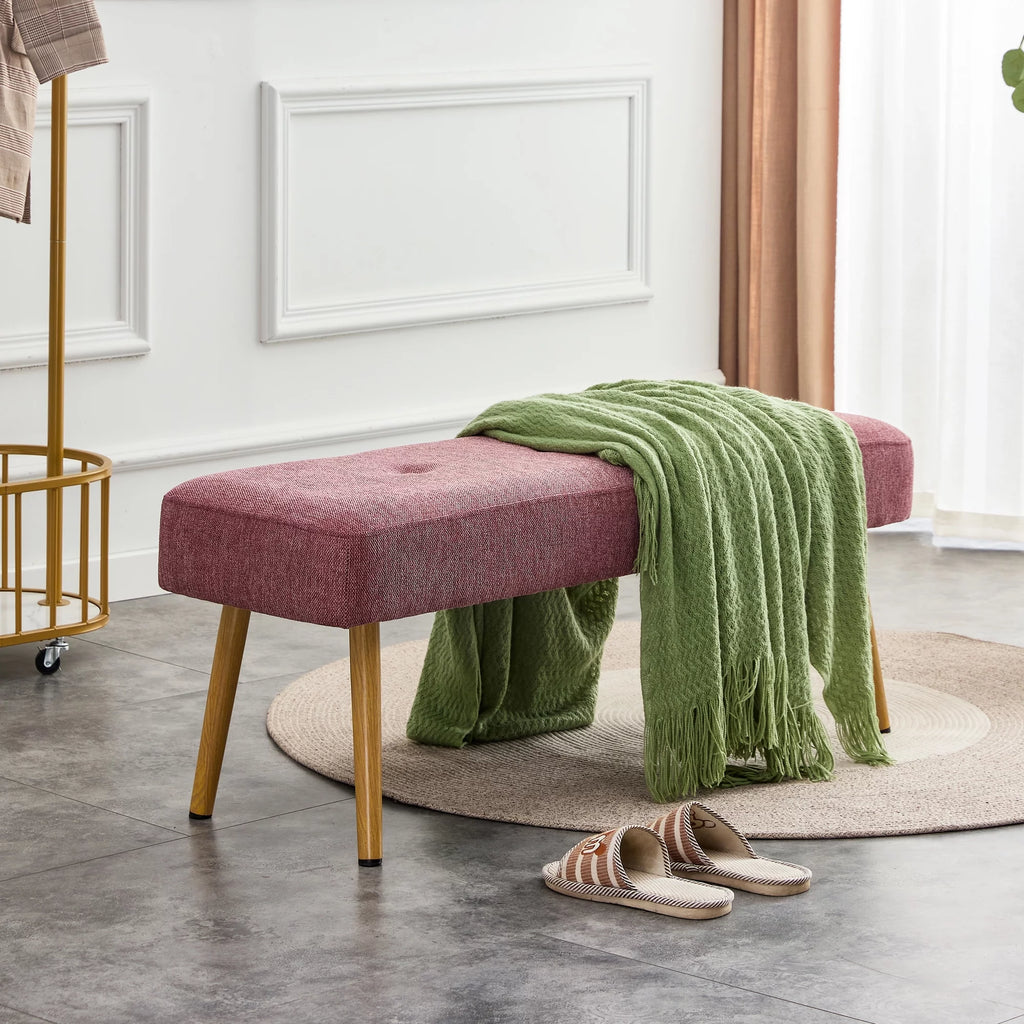 Pink Linen Upholstered Tufted Bench with Wood Legs X978