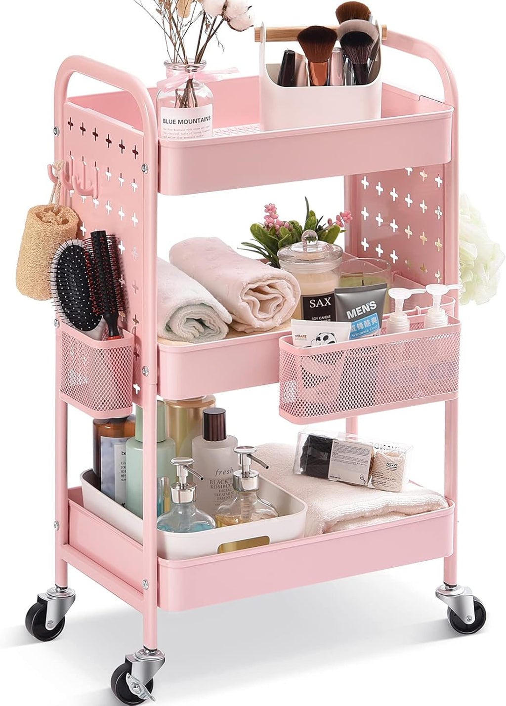 Pink 3-Tier Rolling Utility Storage Cart with Removable Baskets B537144