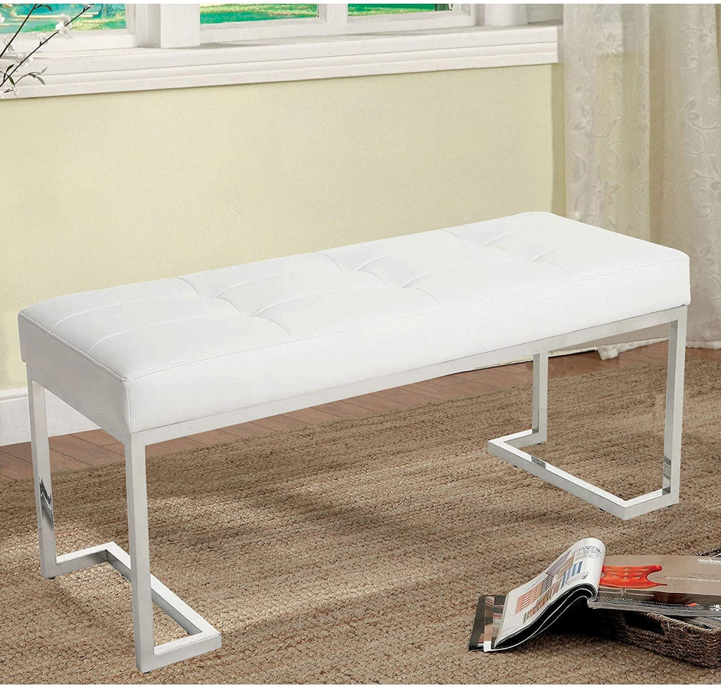 White Rectangle Tufted Faux Leather Bench S123175