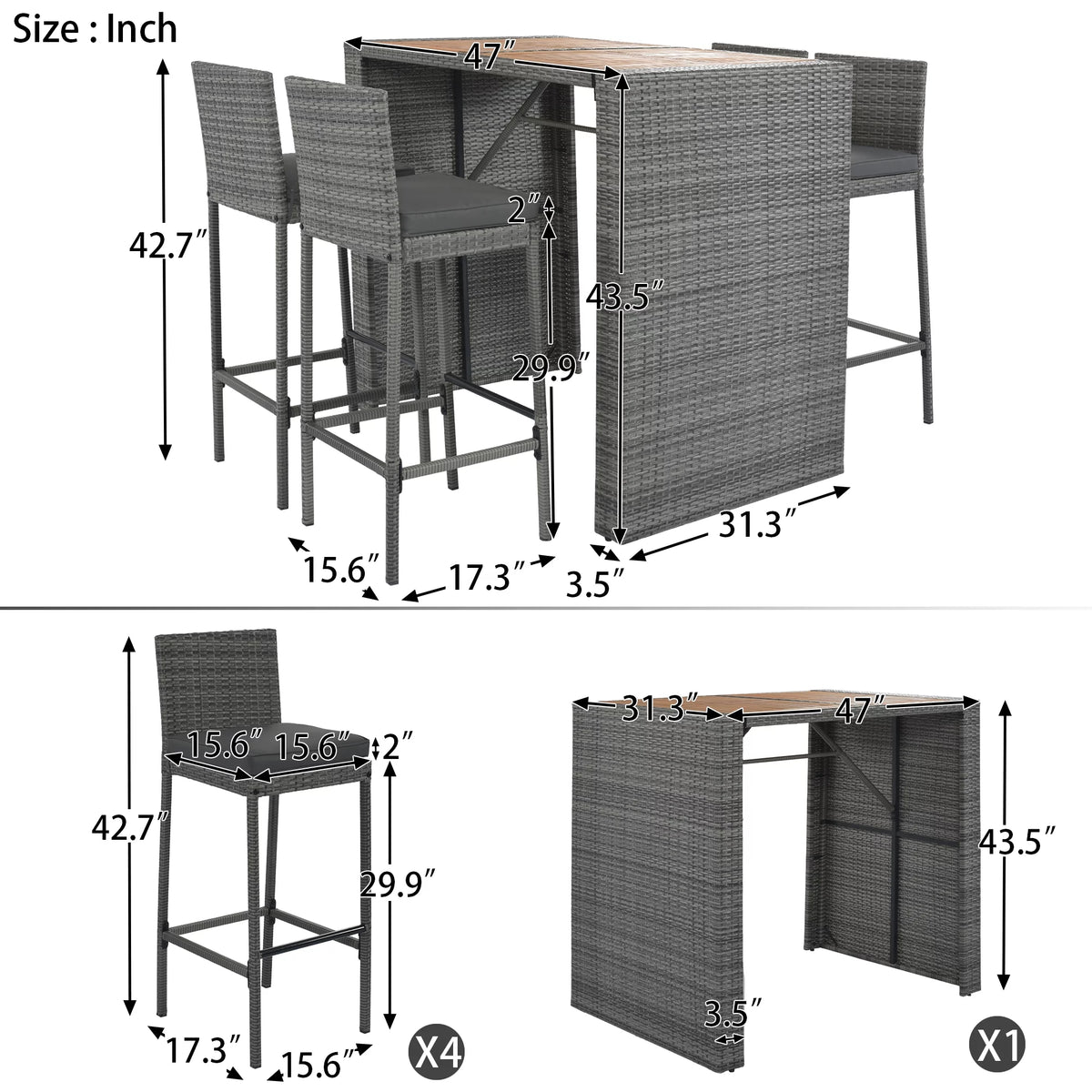 5 Pcs Gray Wicker Patio Bar Dining Table Set V58242