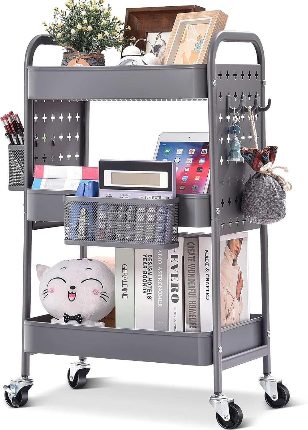 Pink 3-Tier Rolling Utility Storage Cart with Removable Baskets B537144