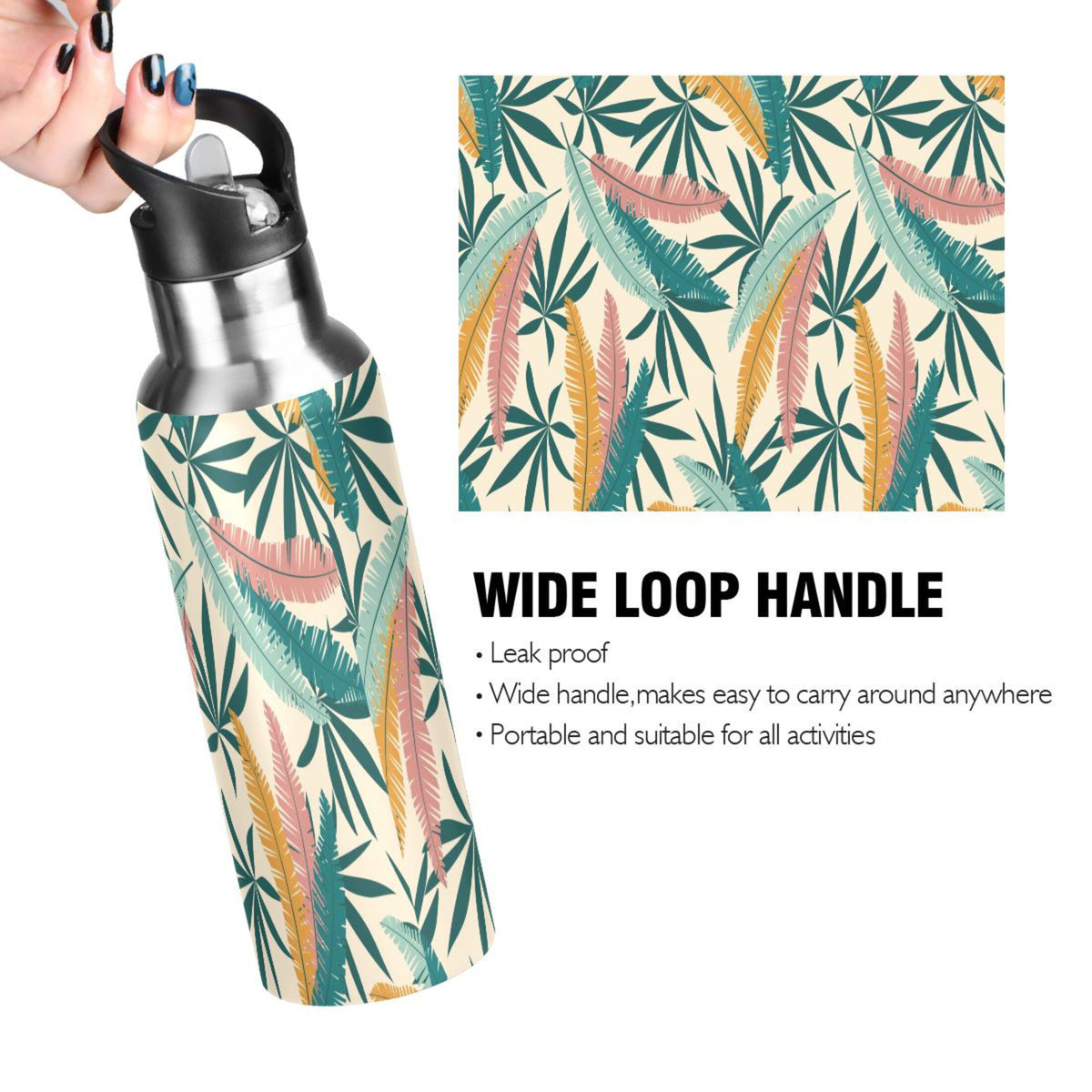 Green Leaves Stainless Steel Insulated Water Bottle with Straw Lid L179102