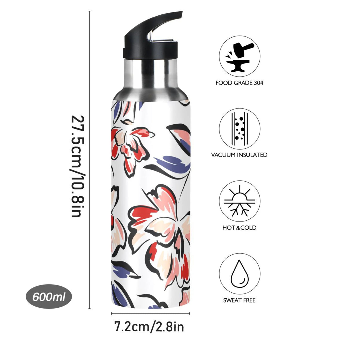 Retro Blue Flowers Stainless Steel Insulated Water Bottle with Straw Lid M5306