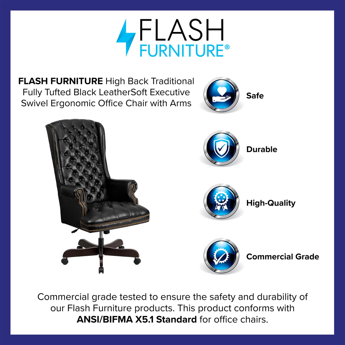 Black Tufted LeatherSoft Ergonomic Office Chair with Arms E24248