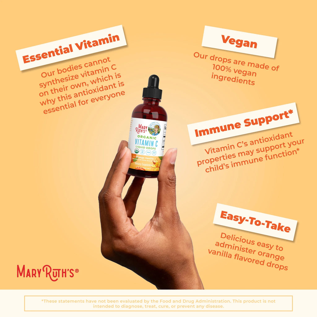 USDA Organic Vitamin C Liquid Drops Orange Vanilla Flavor Vegan Non-GMO 4 fl oz T9974
