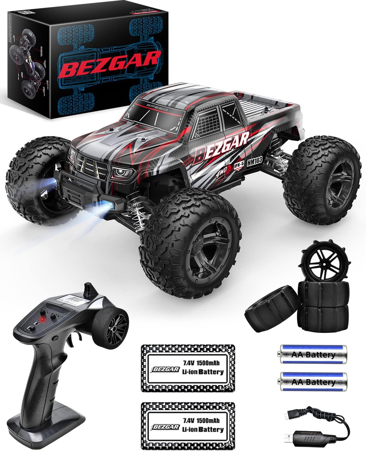 1:10 Scale Remote Control Truck, 4WD Off Road RC Car Crawler with Rechargeable Batteries R88081