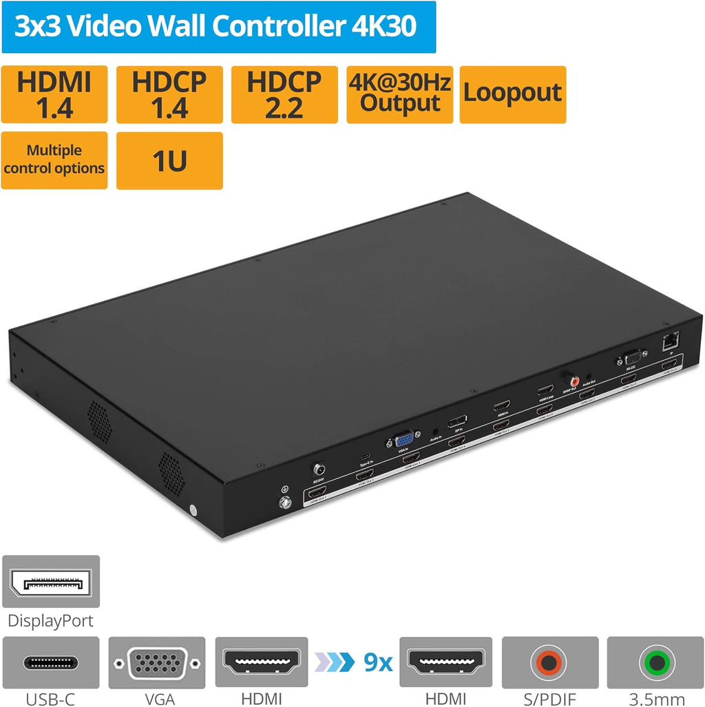 Video Wall Controller and Processor with 4K 30Hz, HDMI, USB-C, DP, VGA, 25 Display Modes E355