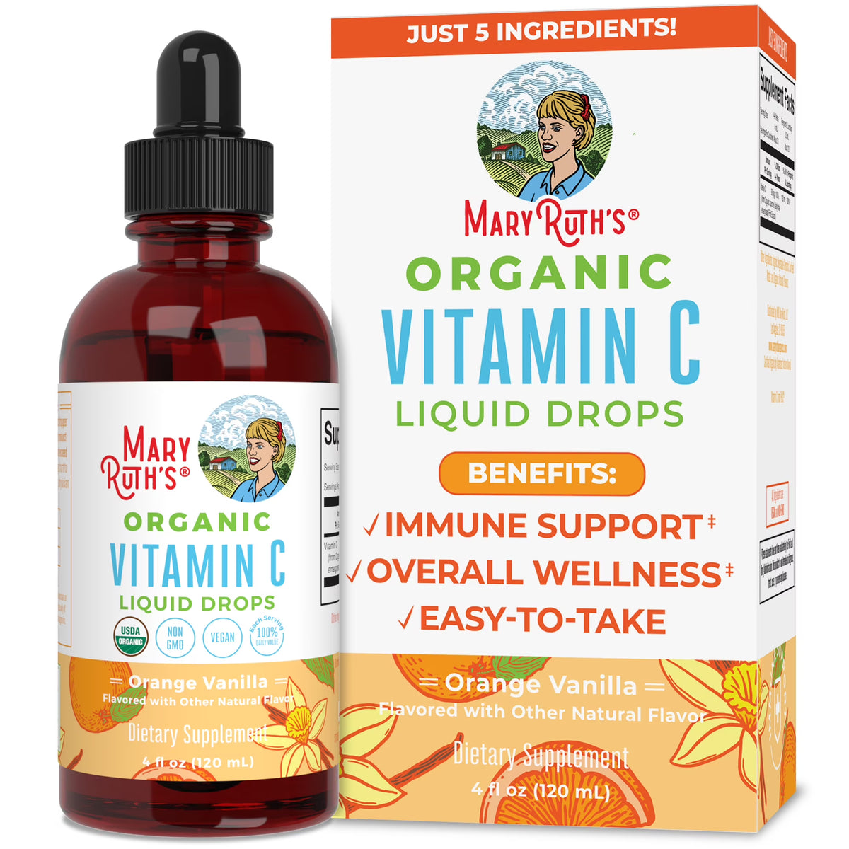 USDA Organic Vitamin C Liquid Drops Orange Vanilla Flavor Vegan Non-GMO 4 fl oz T9974