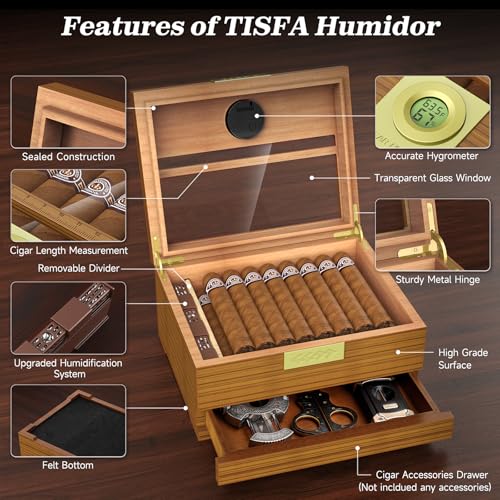 Cedar Wood Desktop Humidor Box with Digital Hygrometer and Glass Top L11359