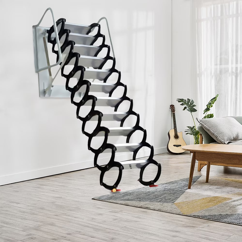Telescopic Pull-down Attic Ladder Stairs, 12 Steps Wall Mounted Folding Scissor Structure Collapsible Stairs, Black O644