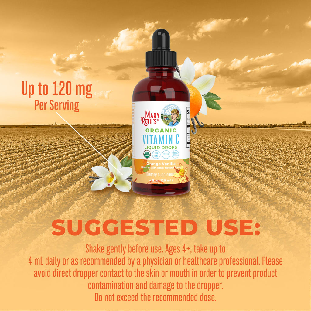 USDA Organic Vitamin C Liquid Drops Orange Vanilla Flavor Vegan Non-GMO 4 fl oz T9974
