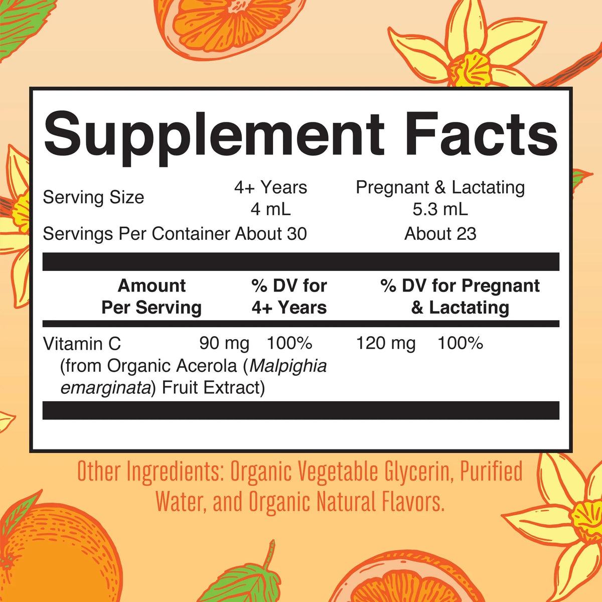 USDA Organic Vitamin C Liquid Drops Orange Vanilla Flavor Vegan Non-GMO 4 fl oz T9974