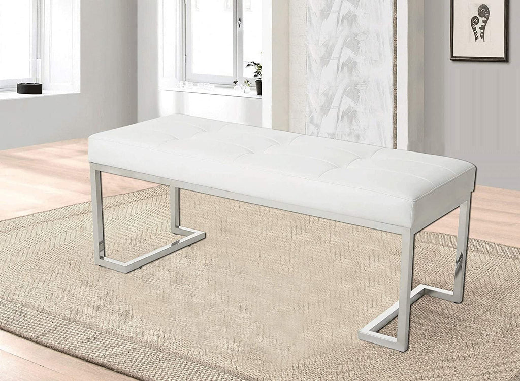 White Rectangle Tufted Faux Leather Bench S123175