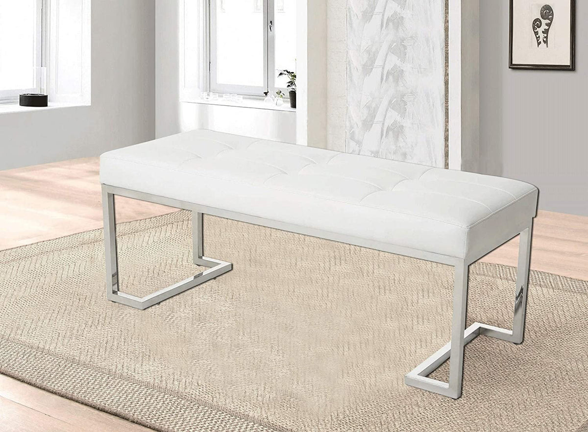 White Rectangle Tufted Faux Leather Bench S123175