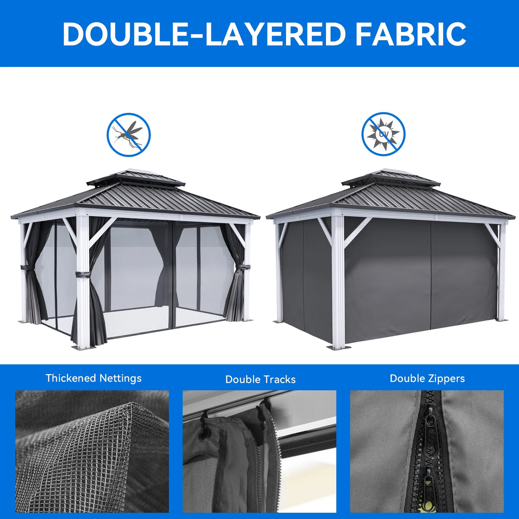 10x12ft Double Roof Hardtop Gazebo with Netting and Curtains T857336