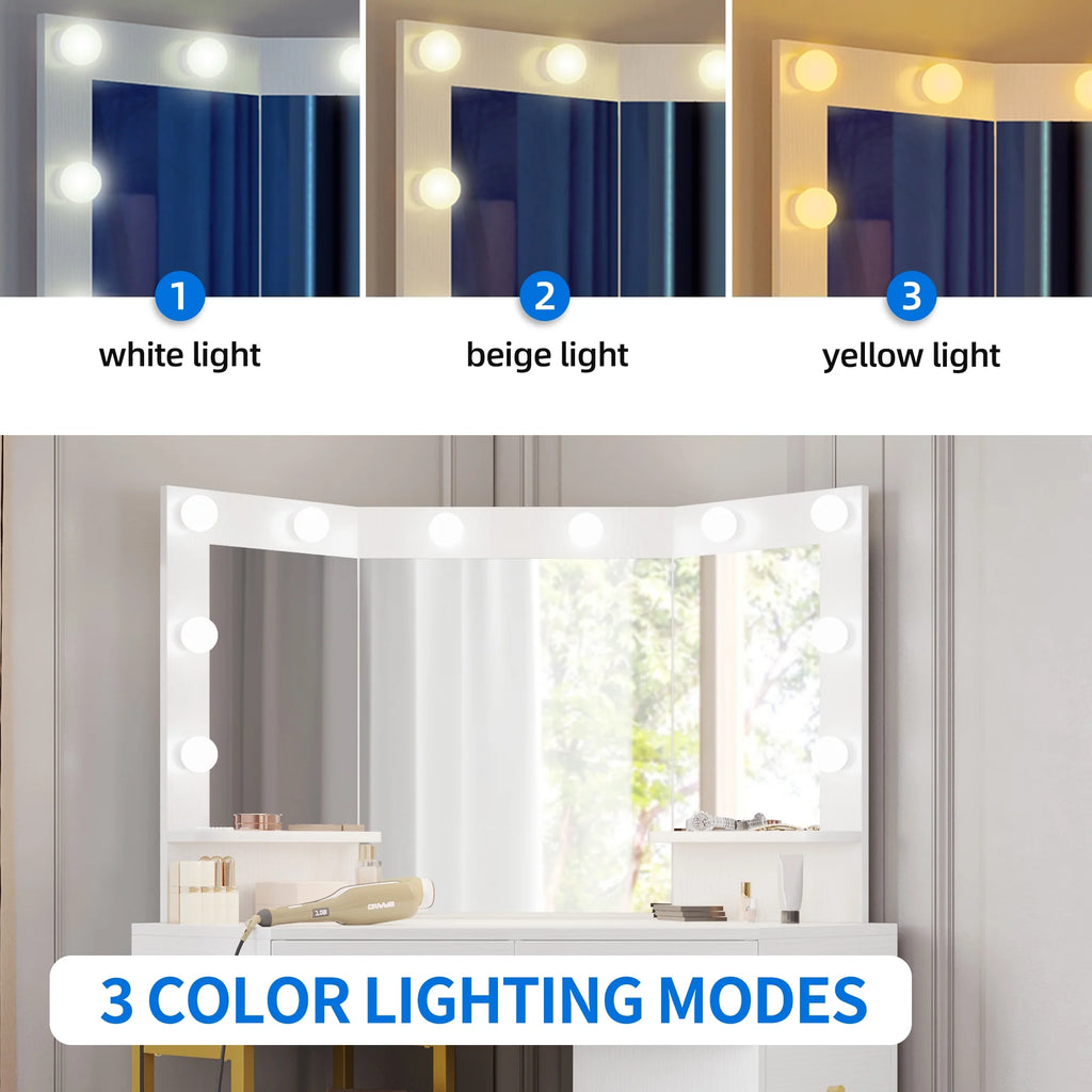 White Corner Vanity Desk with Lights & Mirror O201551