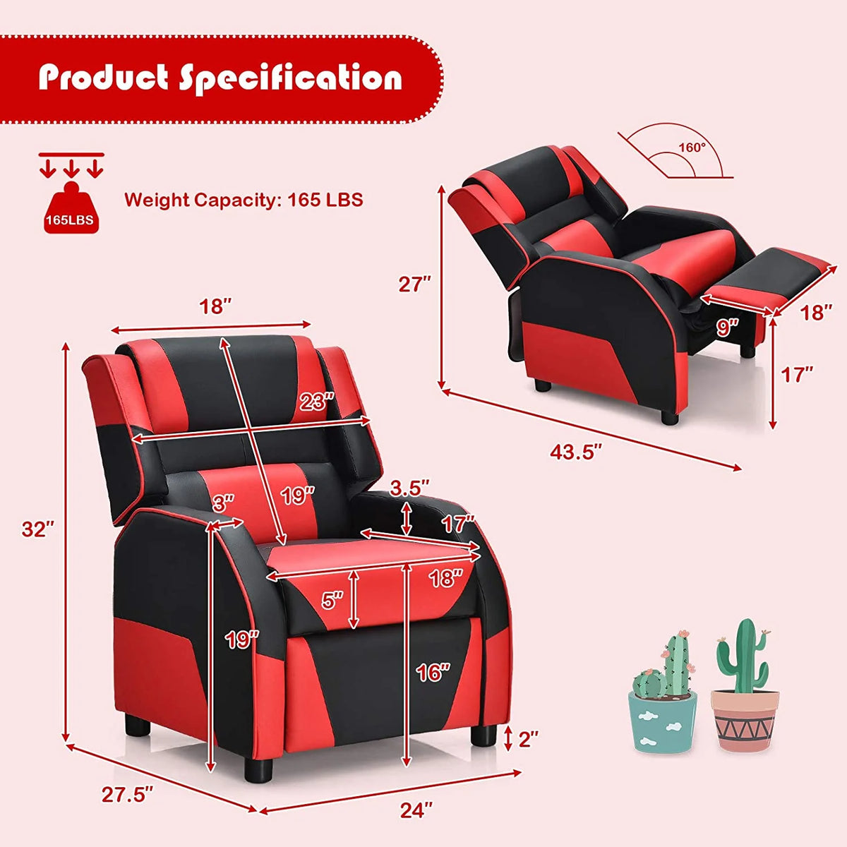 Red Ergonomic Leather Recliner Chair for Children W5463