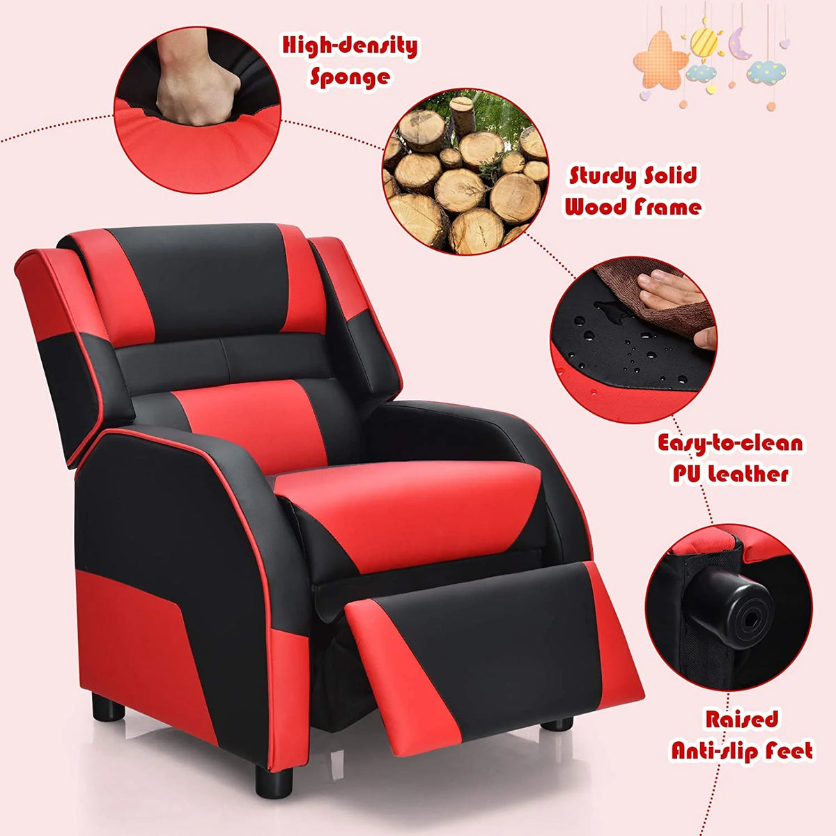 Red Ergonomic Leather Recliner Chair for Children W5463
