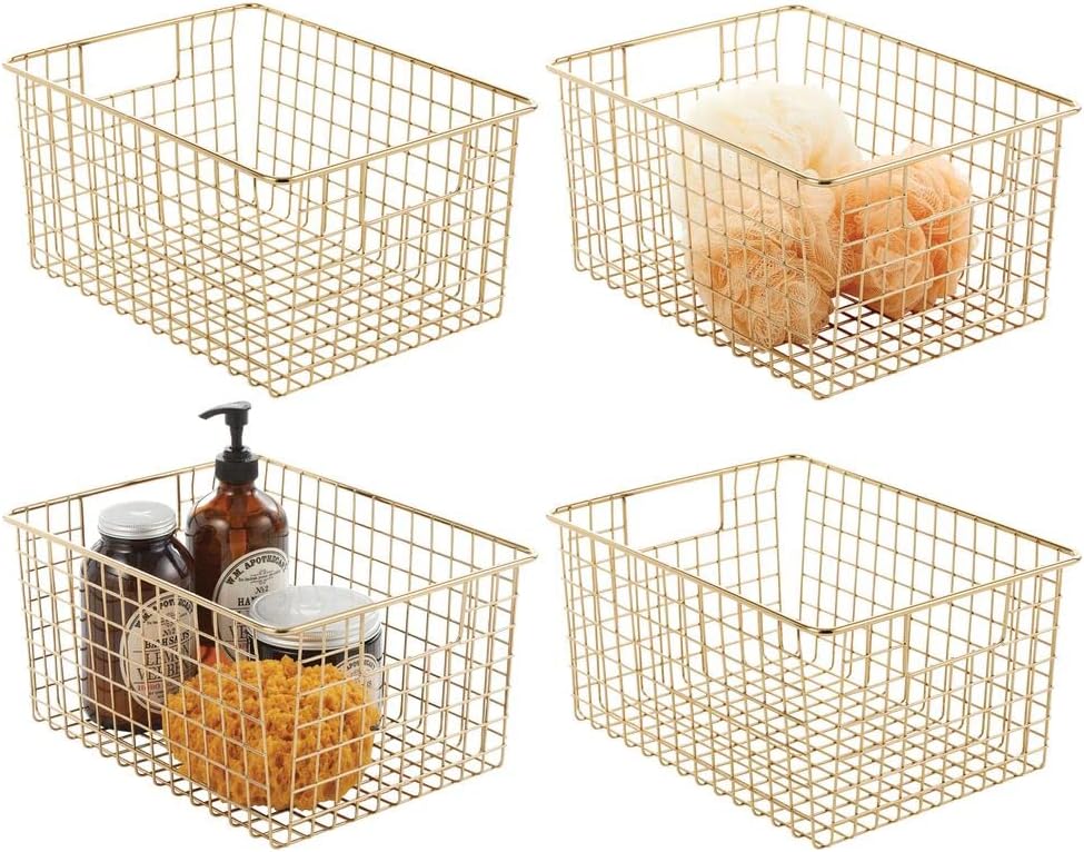 Farmhouse Metal Wire Bathroom Organizer Storage Bin Baskets - 4 Pack - Soft Brass Q3180