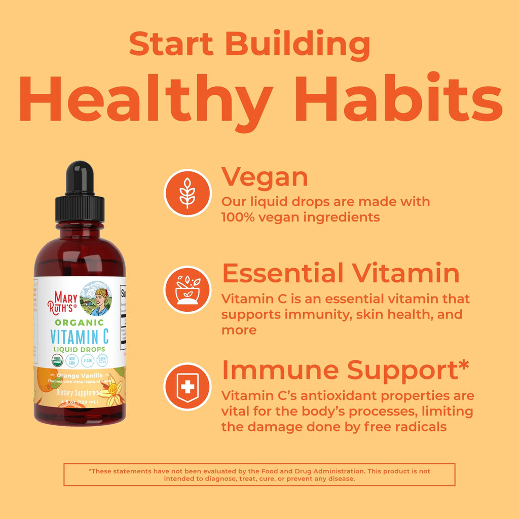 USDA Organic Vitamin C Liquid Drops Orange Vanilla Flavor Vegan Non-GMO 4 fl oz T9974